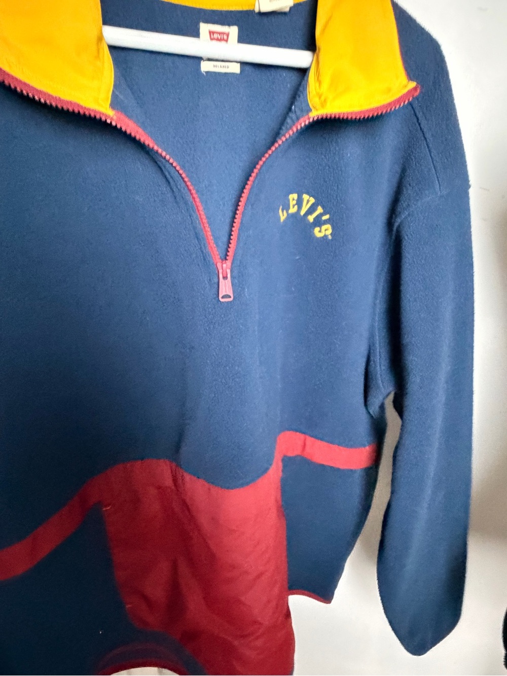 Vintage 90s Levi's Men’s Navy, Red & Yellow Quarter-Zip Fleece Pullover